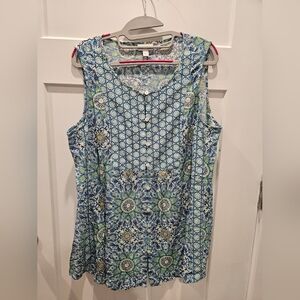 J.Jill Women’s Large Sleeveless Boho Print Rayon Button Front Top Blue Green
